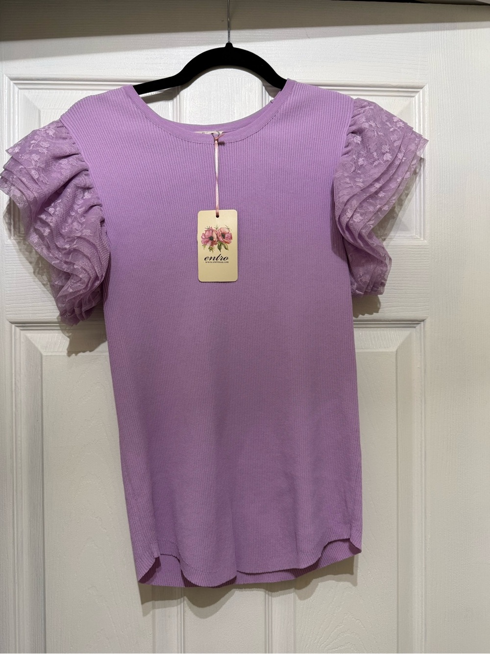entro Lavender Ribbed Tee with Layered Puff Sleeves